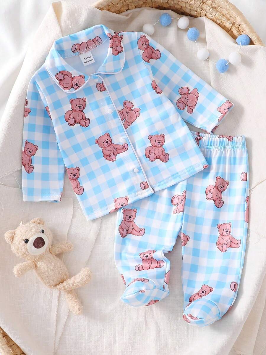 新生儿睡衣套装 - 两件套睡衣，泰迪熊印花，粉蓝格纹，圆领长袖长裤，连脚连体衣，四季皆宜，节日必备，2026年婴儿房睡前礼物，舒适轻盈，呵护宝宝娇嫩肌肤。 - 彩色 - 查看 1