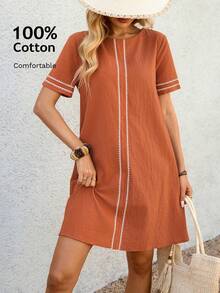 EMERY ROSE Women's Summer Casual Vacation Style Contrast Binding Short Sleeve Loose Dress From Spring To Summer Vacation Outfits Women Summer Holiday Outfits Holiday Dress Casual Dresses For Women Cotton Dress For Women Summer Dresses For Women Going Out Dress - Burnt Orange - View 3
