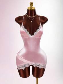 Amplova Women's Dusty Pink Contrast Lace Asymmetric Hem Bodycon Cami Mini Dress,Summer 70's Y2K Satin Velvet Lingerie,Club Night Party Disco Birthday Outfits - Pink - View 9