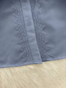 Franclia 女士休闲通勤圆领长袖珍珠装饰衬衫，优雅百搭，适合工作场合，秋冬季穿着。 - 霧霾藍 - 查看 5