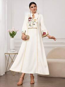 Al Najma Đầm Abaya dài tay cổ đứng thêu hoa vintage dành cho nữ, viền vàng. - trắng - Xem 4