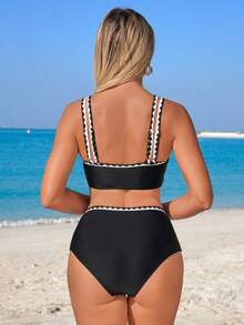 Swim Lushoire Women's V-Neck Floral Ruffle Bikini 2-Piece Swimsuit, Fashionable Casual Vacation Swimming Set - Black and White - View 2