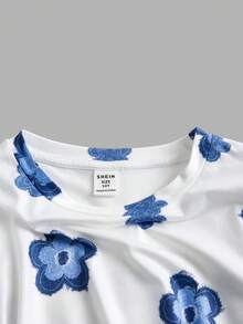 Tween Girl White Knit Pullover Allover Floral T-Shirt, Casual Daily Fashion Versatile With Hair Scrunchie, Cute - White - View 6