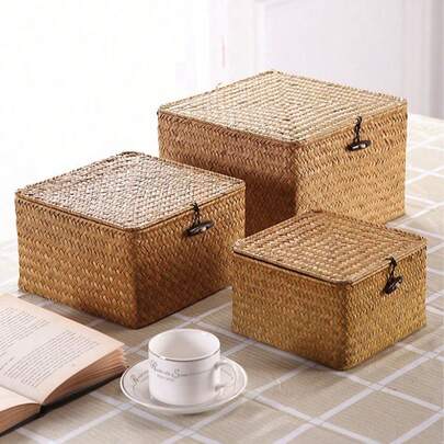 1 pieza/3 piezas Caja de almacenamiento tejida a mano con tapa, organizador de escritorio estilo bohemio, almacenamiento multiusos para cocina, baño, dormitorio, sala de estar, oficina, hogar, decoración, accesorios de cocina, caja de regalo, cesta de bambú como regalo, favor de boda, Día de San Valentín, para volver a la escuela