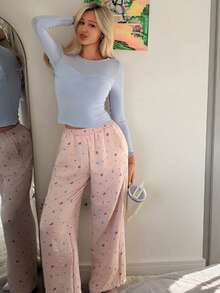 DAZY Ruched Fitted Top & Bow Print Full Pajama Pants Women Sleepwear Set - Blue - View 6