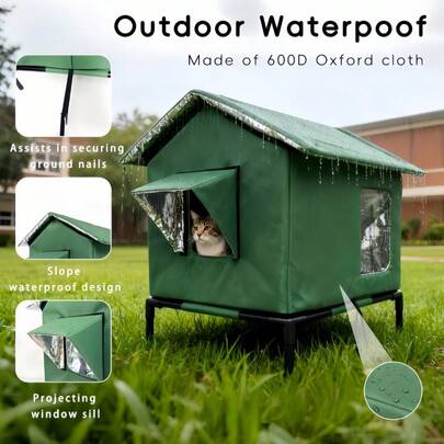 宽敞可拆卸高架可折叠保温保暖户外猫屋，适合冬季流浪猫和宠物使用，便携式易清洁防水猫屋