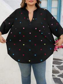 SHEIN CURVE+ 加大码女式V领爱心印花休闲日常通勤中袖衬衫/情人节/大码女式V领爱心印花休闲日常通勤中袖衬衫 - 彩色 - 查看 5