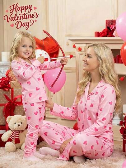 2pcs Girls Cute & Elegant Casual Comfortable Soft Knit Fabric Pink Heart Print Cardigan Jacket And Pants Pajama Set, Homewear