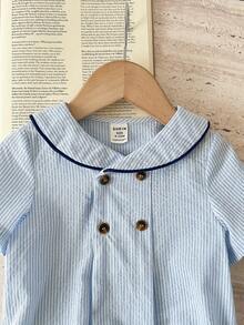 SHEIN Unisex Newborn Baby Boy/Girl Cute British Style Blue&White Striped Peter Pan Collar Short Sleeve Romper,Bodysuit,Spring/Summer Boy Summer Clothes - Blue - View 5