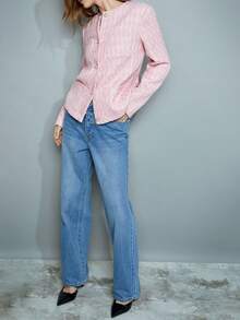 Maija 女士粉色珍珠提花蝴蝶结装饰纽扣点缀宽松翻领长袖开襟优雅休闲/商务外套，百搭舒适，适合所有季节，是情人节的理想之选。 - 粉色 - 查看 4