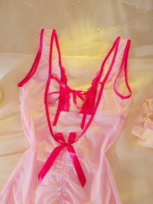 Elegant Lace Patchwork Contrast Color Deep V-Neck Bowknot Ruched Sexy Nightgown, Charming & Graceful For Women - Pink - View 8