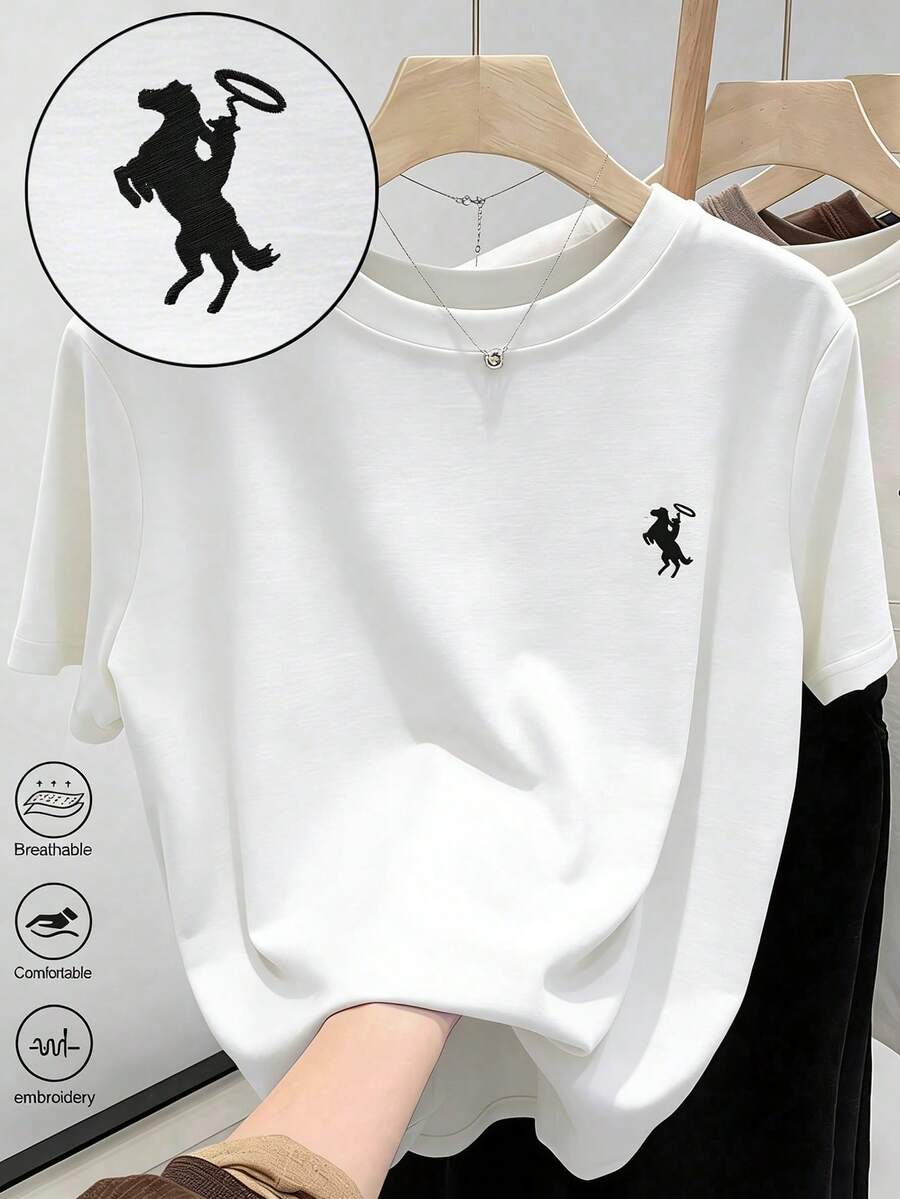 Resyla Women's Round Neck Knight Embroidery Print T-Shirt - Round Neck Casual Top - Lightweight T-Shirt Suitable For All Seasons - White - View 1