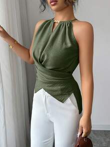 Elenzga Áo tank top nữ màu trơn đính cườm, không tay, kiểu dáng casual, thắt chéo. - xanh quân đội - Xem 3