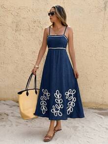 SHEIN Frenchy Đầm slip nữ mùa hè kiểu dáng thường ngày, thêu họa tiết cây cỏ, thắt eo. - Màu xanh hải quân - Xem 5