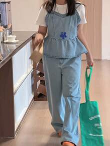 DAZY Tween Girls' Casual Vacation & Everyday Peplum Hem Denim Cami Top & Jeans Set, Summer - Blue - View 7