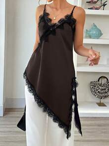 Elouméa Camiseta sin mangas de mujer de estilo urbano casual con cuello en V, bajo asimétrico de encaje y parches de unicolor - Marrón Chocolate - Ver 4
