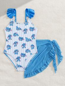 SHEIN GraphicGems Young Girls' Knitted Rabbit Print One-Piece Swimsuit With Shoulder Straps And Ruffle Design, Fashionable And Cute For Holiday, Swimming, Summer Beach - Blue - View 5