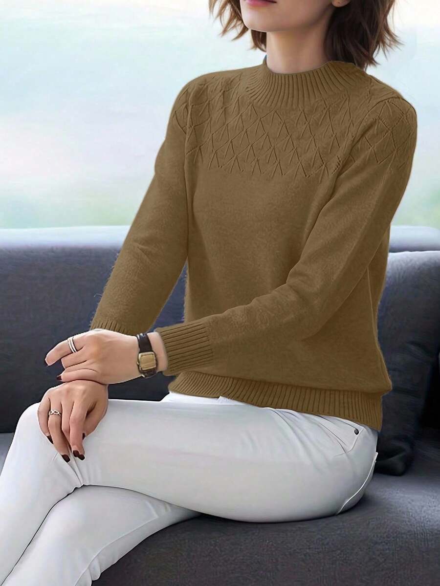 SHEIN LUNE 女款休閒純色毛衣,秋季棕色日常女款秋冬款 - 摩卡棕 - 查看 1