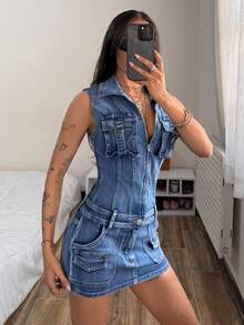 StreetHx Women's Summer Street Washed Zipper Bodycon Denim Dress - Blue - View 2