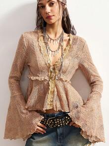 Bohemela Women's Casual Solid Color Flared Long Sleeve Blouse - Khaki - View 6