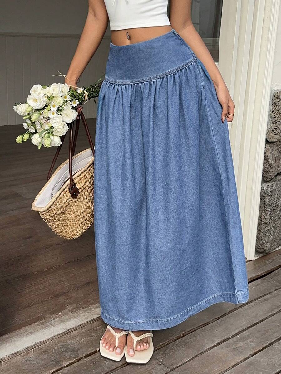 Sunnyshic 女士纯色休闲百搭褶裥牛仔迷你裙 - 藍色 - 查看 1