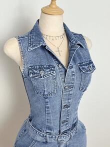 Elamini Women's Summer Fashion Washed Button Half-Placket Bodycon Denim Dress - Light Wash - View 6