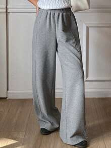DAZY 女士宽松纯色阔腿裤，松紧腰休闲运动裤，春秋季 - 灰色 - 查看 6