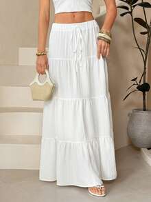 SHEIN Tall 女士休闲假日多层蛋糕裙摆半身裙，适合夏季穿着，白色多层长裙，抽绳半身裙，夏季时尚半身裙 - 白色 - 查看 4