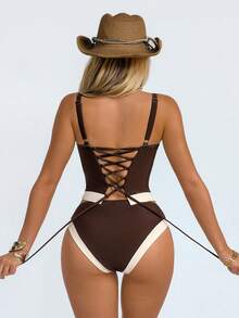 Shapewave Women's Brown & Beige Patchwork Tankini Set With Binding Waist - Multicolor - View 5