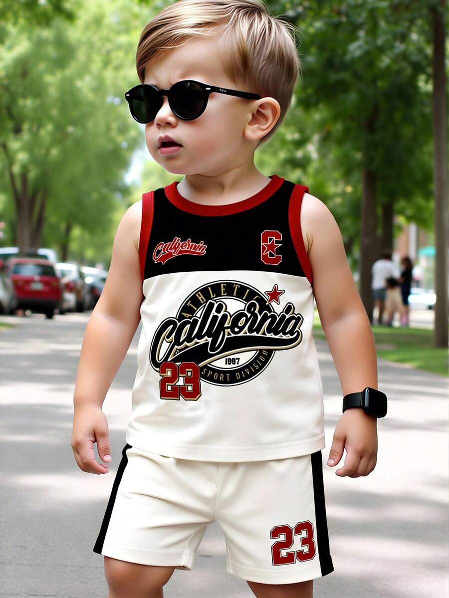 SHEIN Playful Pals 两件套男婴可爱运动休闲套装，包括一件印有品牌标志和数字的背心和一条印有数字的短裤，适合夏季户外穿着。 - 彩色 - 查看 1