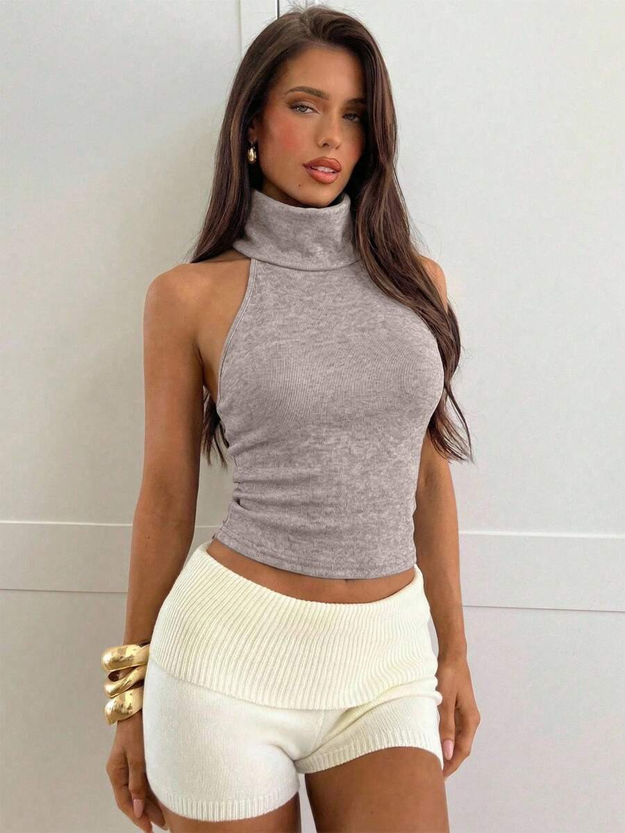 Aloruh Women's Early Summer Casual Top, Elegant High-Neck Retro Apricot-Grey Slim-Fit Sleeveless Pullover, Women's Holiday Outing Top, Women's Elegant Top, Casual Top, Women's Vacation Wear. Cropped Tank Top Gray Ribbed Top Grey Crop Top High Neck Top - Apricot - View 1