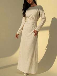 Aloruh 女士长袖棉质舒适褶皱腰身长款亚麻连衣裙，秋冬长袖长裙棉质连衣裙端庄连衣裙女士长裙 - 杏色 - 查看 5