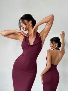 Firerie Women's Summer Seductive Rose Gold Beaded Halter Neck Maxi Dress, V-Neck Draped Backless Bodycon Party Dress For Graduation Music Festival - Red Violet - View 7