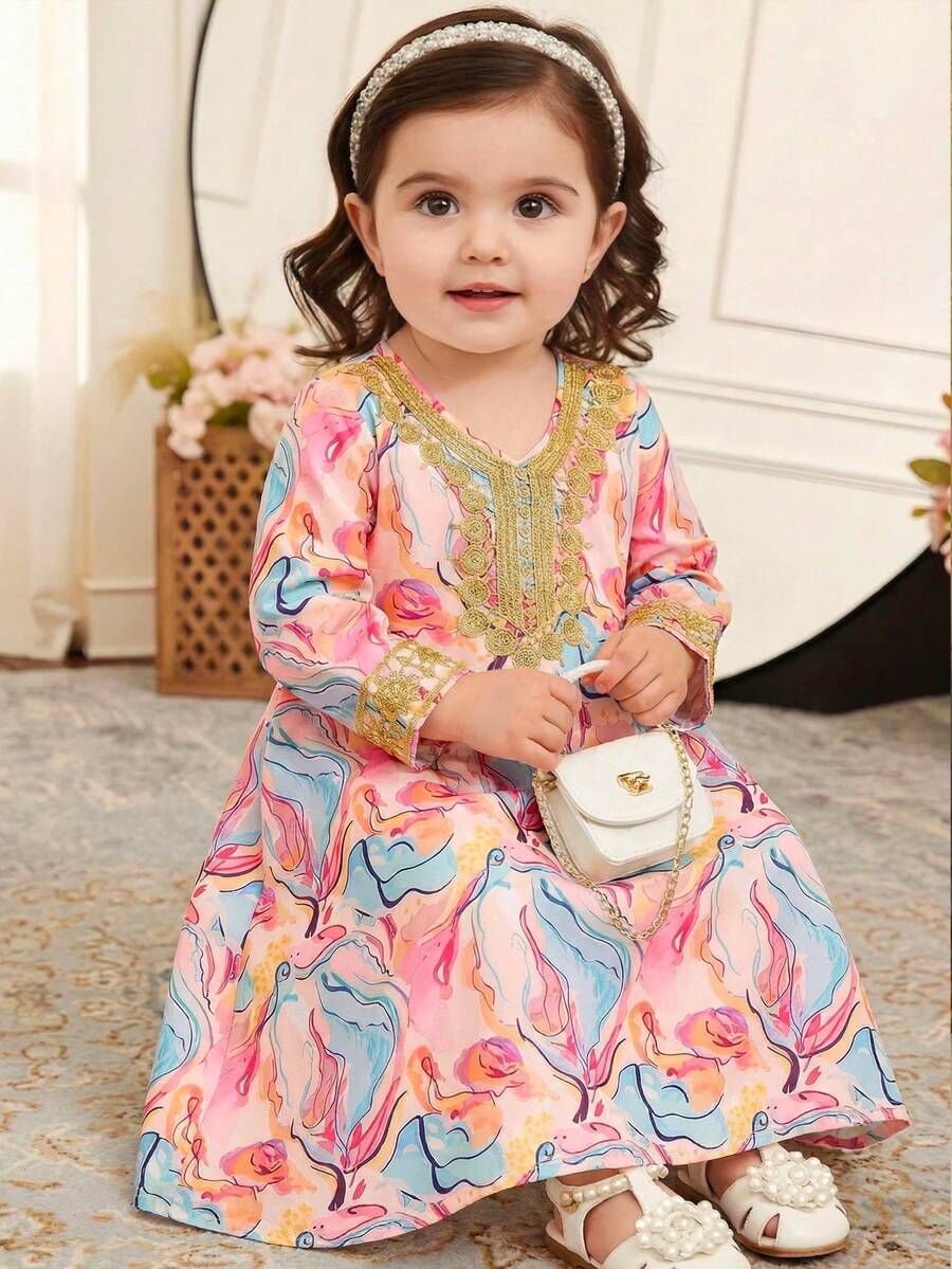 SHEIN Young Girl Woven Geometric Pattern V-Neck Loose Casual Dress - Multicolor - View 1