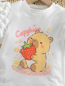 SHEIN 1pc Girls Cute Strawberry Bear & Popcorn Print Round Neck Short Sleeve Top - White - View 6