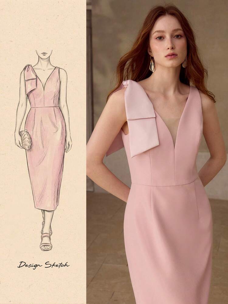 WOMEN'S BOW DETAIL MIDI DRESS, SUITABLE FOR DATES, PARTIES, AND FORMAL EVENTS