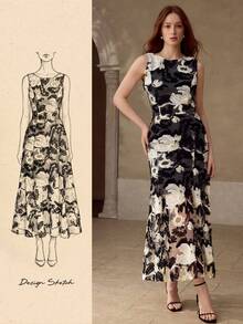 MOTF PREMIUM WOMEN'S MESH PATCHWORK FLORAL PATTERN DRESS, SUITABLE FOR COCKTAIL PARTY AND DATE