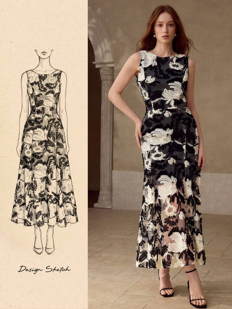 VESTIDO DE MUJER CON PARCHES DE MALLA Y ESTAMPADO FLORAL, ADECUADO PARA FIESTA DE CÓCTEL Y CITA