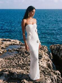 Nevyona Women's Strapless Tight Stretch Body-Hugging Dress,White,Summer,Elegant,Vacation,Holiday,Knitted Three-Dimensional Flower Decoration Party Dress - Apricot - View 3