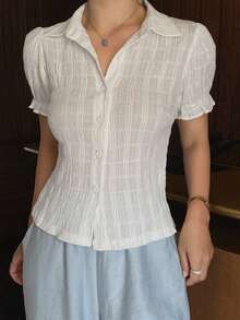 DAZY 女士白色棉质纹理花瓣袖翻领衬衫，春季款 - 白色 - 查看 1