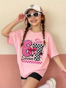 Tween Girls Casual Chic Sweet Minimalist "67" & "SIX SEVEN" Print Short Sleeve Round Neck T-Shirt, Summer Tops, Pink - Pink - View 1