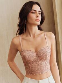 Anewsta Elegant French Lace Rhinestone Embellished Bodycon Backless Camisole Top - Pink - View 7