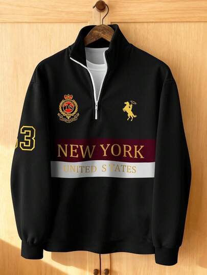 Manfinity Campus Court Men's Half Zip Pullover Sweatshirt With New York Letter & Number Graphic, Contrast Color, Casual Loose Fit Retro American Style