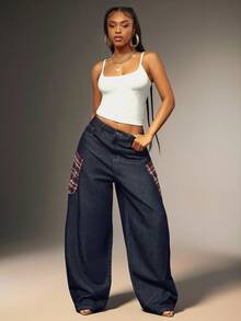 Denimoi Baggy Boyfriend Jeans With Contrat Plaid Pocket Fashionable Streetwer Wide Leg Denim Jeans - Dark Wash - View 3