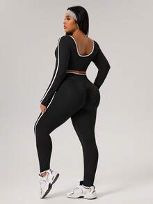 Rhythm Era Plus Size Contrast Trim Round Neck Long Sleeve Top And Pants Sports Suit - Black - View 2