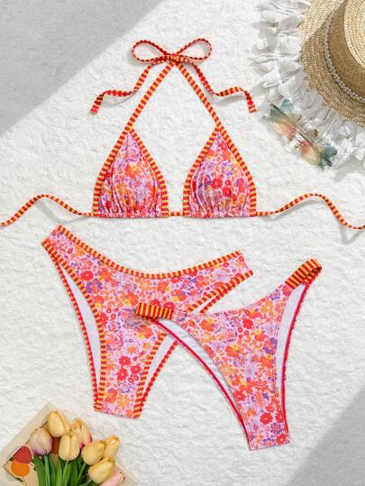 Swim Vcay 3pcs/Set Ditsy Floral & Striped Trim Swimsuit Top, Matching Printed Triangle Bikini Bottom, Summer Beach Holiday Style Women Swimwear Bikini Set