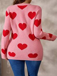 EMERY ROSE Plus Size Women Heart Pattern Button Decor Casual Pullover Sweater, Suitable For Autumn/Winter, Valentine's Day - Pink - View 2