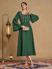SHEIN Najma Fashionable New Heavy Embroidered Modest Arabic Style Dress For Women - Army Green - View 5