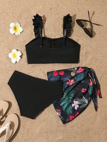 SHEIN 少女三件套比基尼：针织花边吊带背心、褶皱泳裤和印花罩裙。时尚、优雅、休闲的设计，适合游泳、夏季、海滩和度假。高腰比基尼套装，款式保守的比基尼套装，款式保守的两件式泳衣，度假装，少女两件套，花朵两件套，少女泳装，两件式黑色泳衣。 - 黑色 - 查看 7