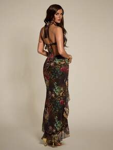 SHEIN BAE 女士时尚性感豹纹印花高开衩露背吊带连衣裙，夏季 - 棕色 - 查看 2